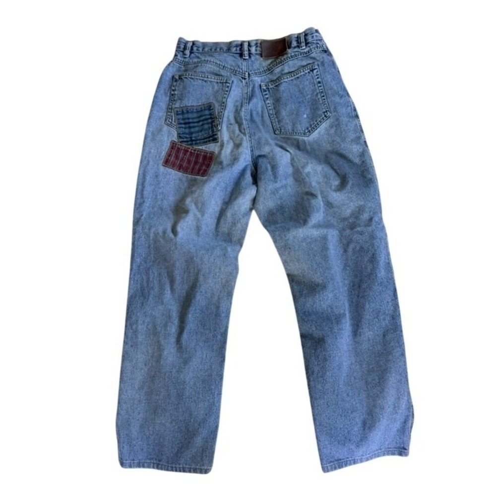 Lizwear Vintage 90s Patchwork Mom Jeans 12 Blue Cotton Plaid Distressed Boho - Picture 2 of 5